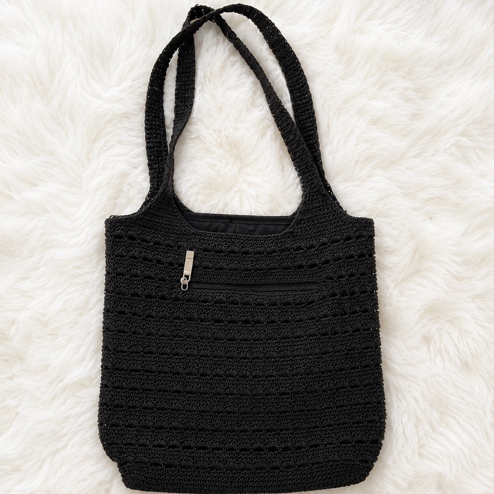 Black Crochet Shoulder Tote Bag Women’s Woven Knit Handbag